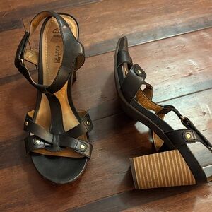Clarks Black Strappy Heels with Wooden Block Heel
